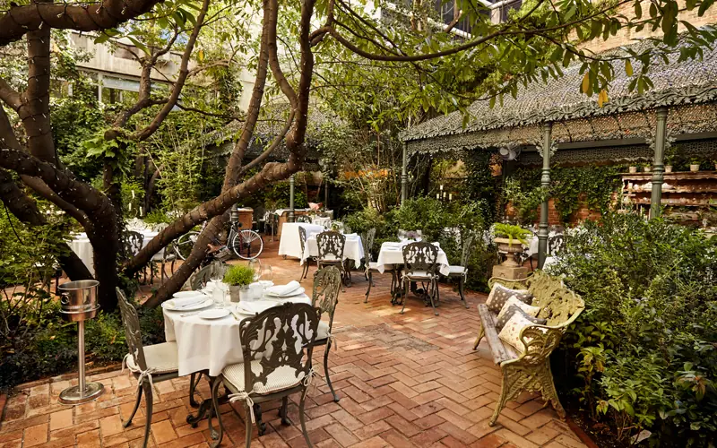 Tree-shaded brick terrace with set tables, wrought iron chairs, and a parked bicycle in the background