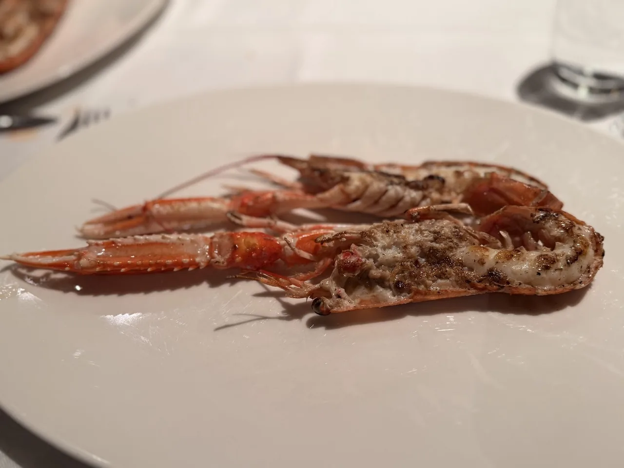 A large grilled red langoustine lying on a white plate