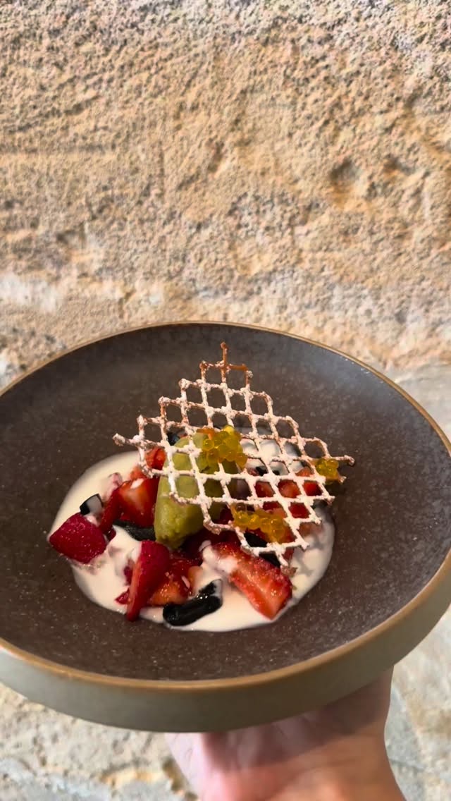 Summer, served. 🍓🌿⁠
Strawberries, lemon, coconut milk, basil sorbet and candied black olives come together in one of the