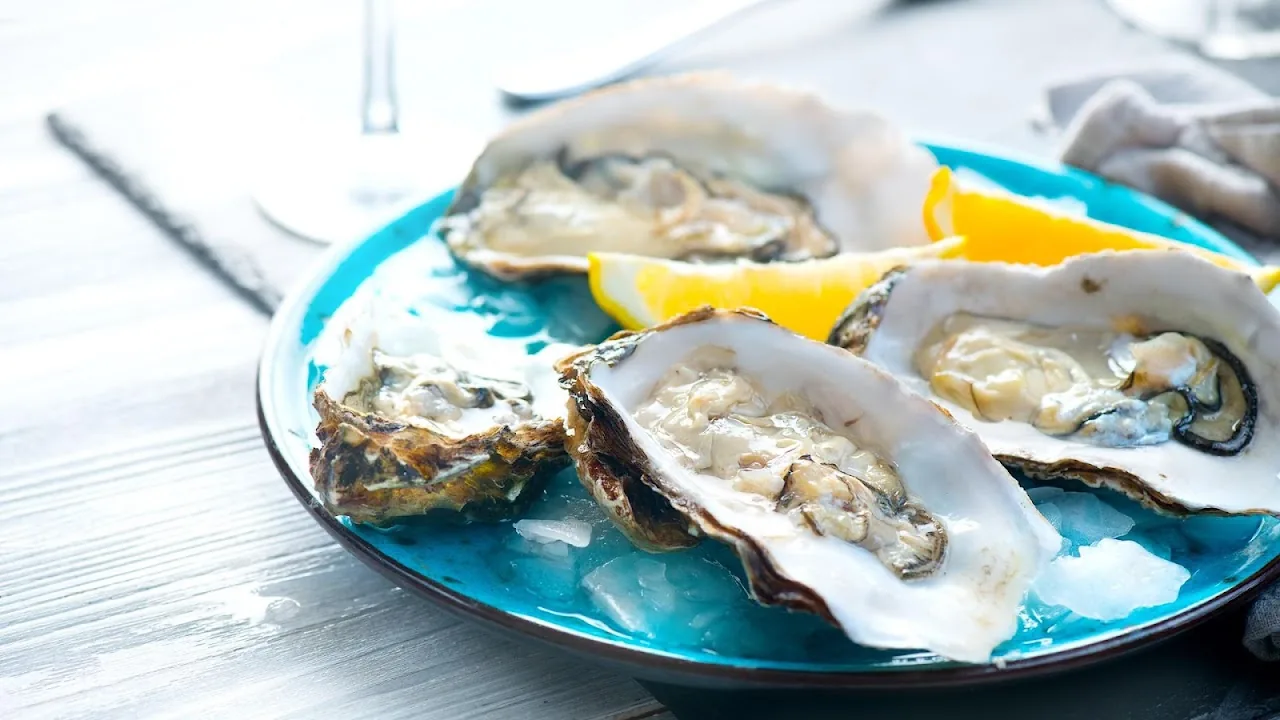 A turquoise plate of oysters on ice with lemon wedges
