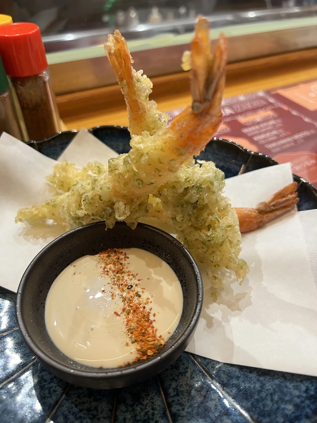 Tempura shrimp with tempura vegetables and a dipping sauce