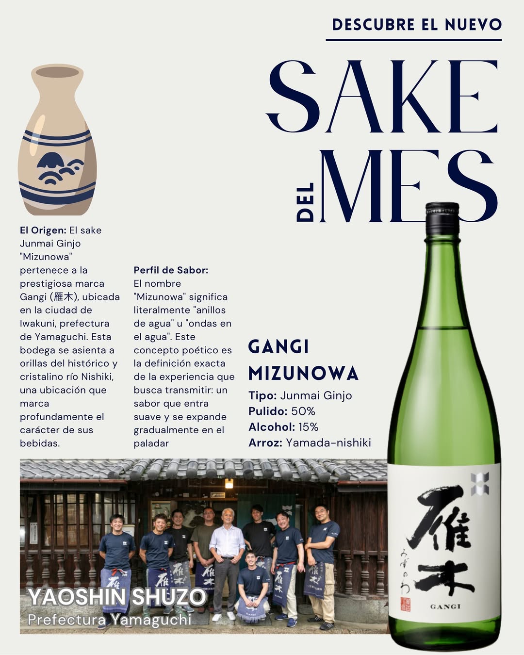 Presentamos nuestro sake estrella para este mes:
Gangi Mizunowa (雁木), una joya estilo Junmai Ginjo elaborada por la i