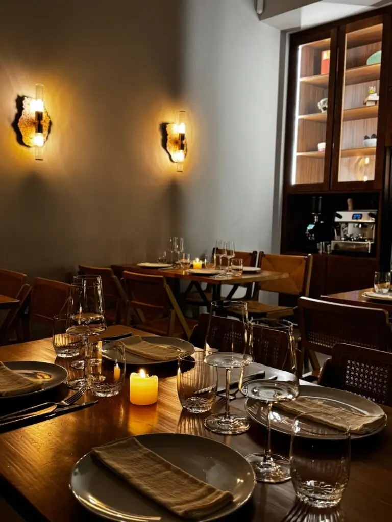 Warm candlelit dining room with wooden tables set with grey plates, wine glasses and napkins, wall sconces, and a lit wooden display cabinet with an espresso machine