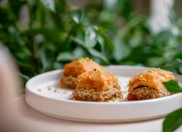 Three diamond-shaped baklava pieces dusted with crushed pistachio on a white plate, green foliage behind