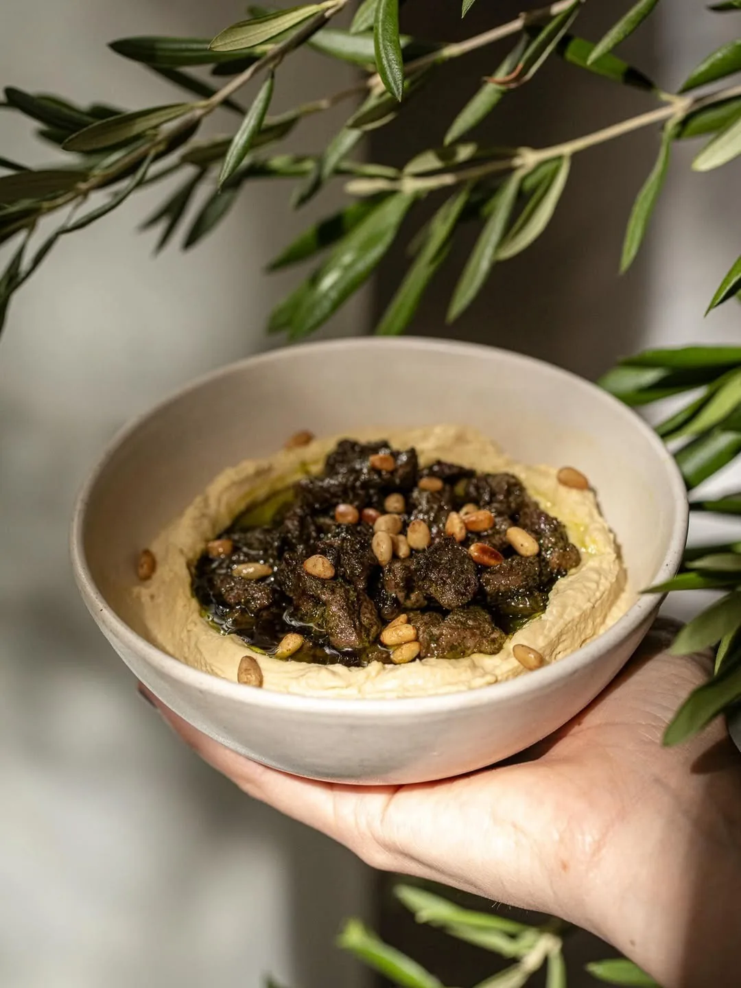 A hand holding a bowl of hummus topped with dark cooked topping and nuts