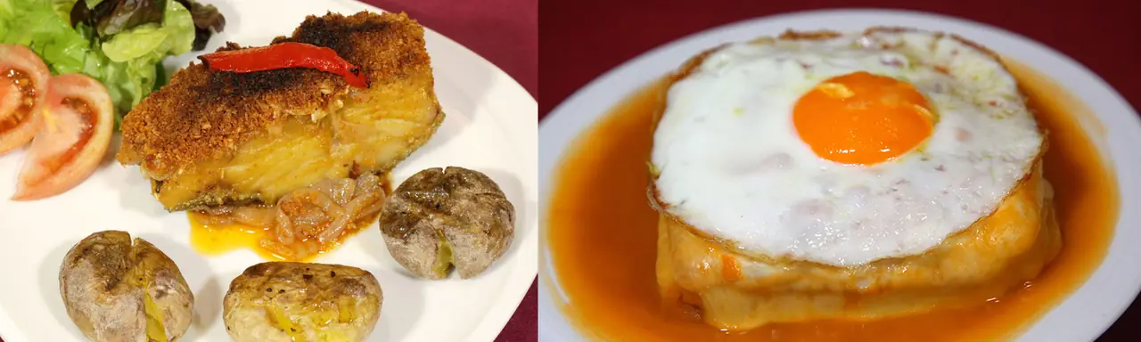 Francesinha-style sandwich topped with a fried egg, melted cheese, and a tomato-beer sauce on a white plate, Oporto Restaurante