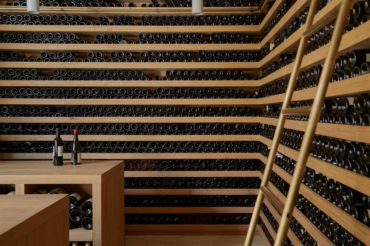 Rows of wine bottles on wooden shelves with a wooden ladder