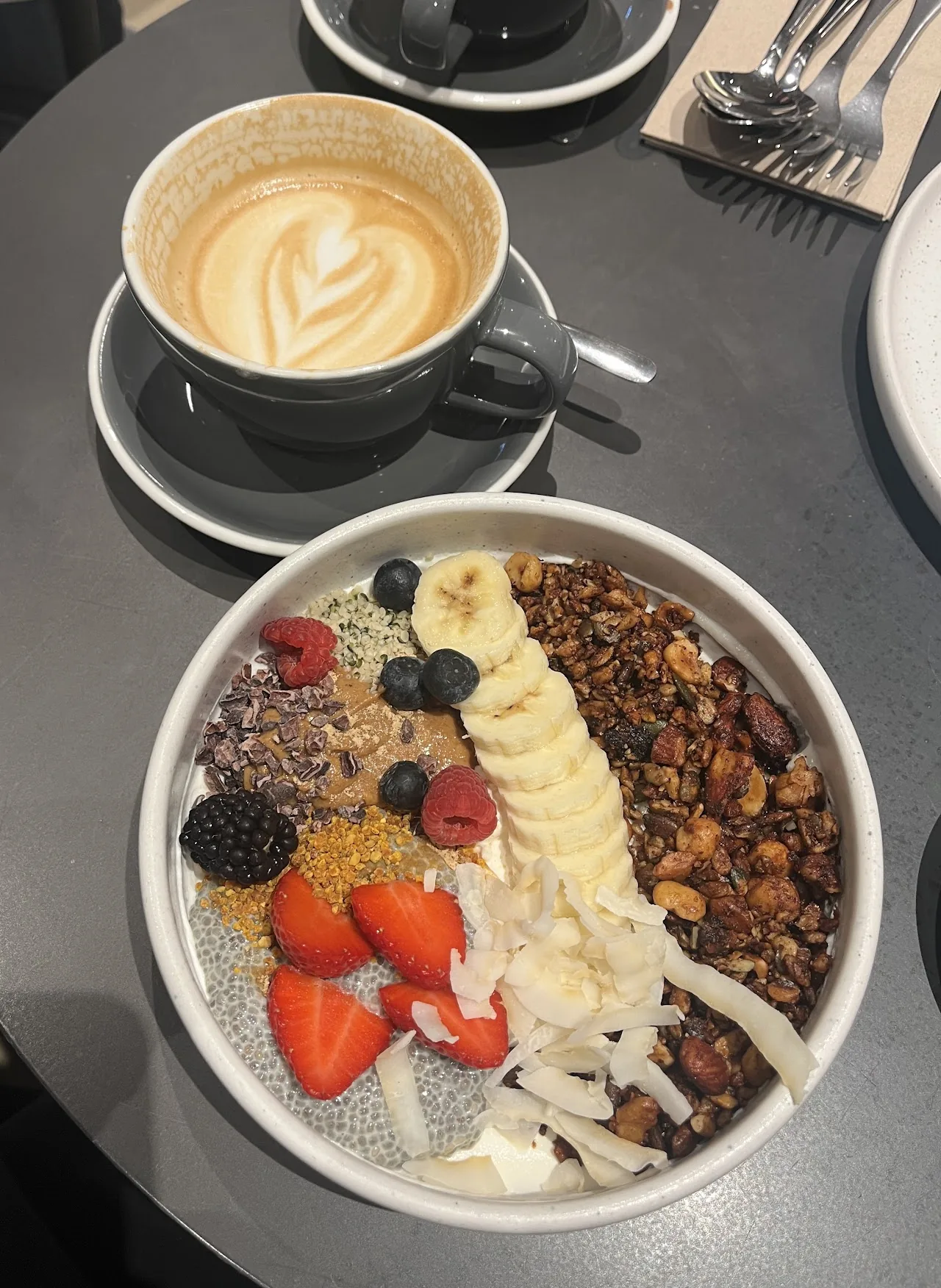 A bowl of granola and fresh fruit with a latte alongside