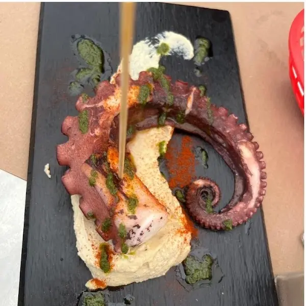 Grilled octopus tentacle over a swirl of hummus with paprika and green herb oil on a black slate board, at Oviso.