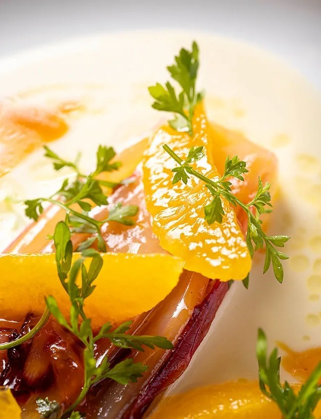 Orange segments and fresh herbs on a plate