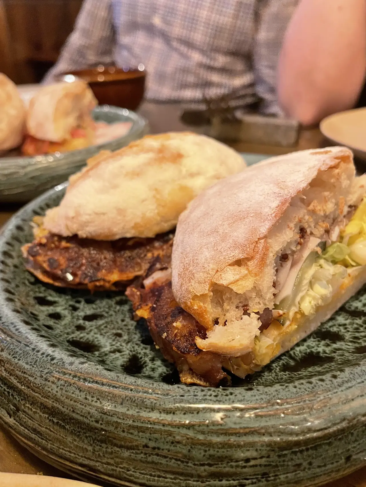Close-up of halved sandwich with grilled meat, mustard seeds and cabbage on a green plate