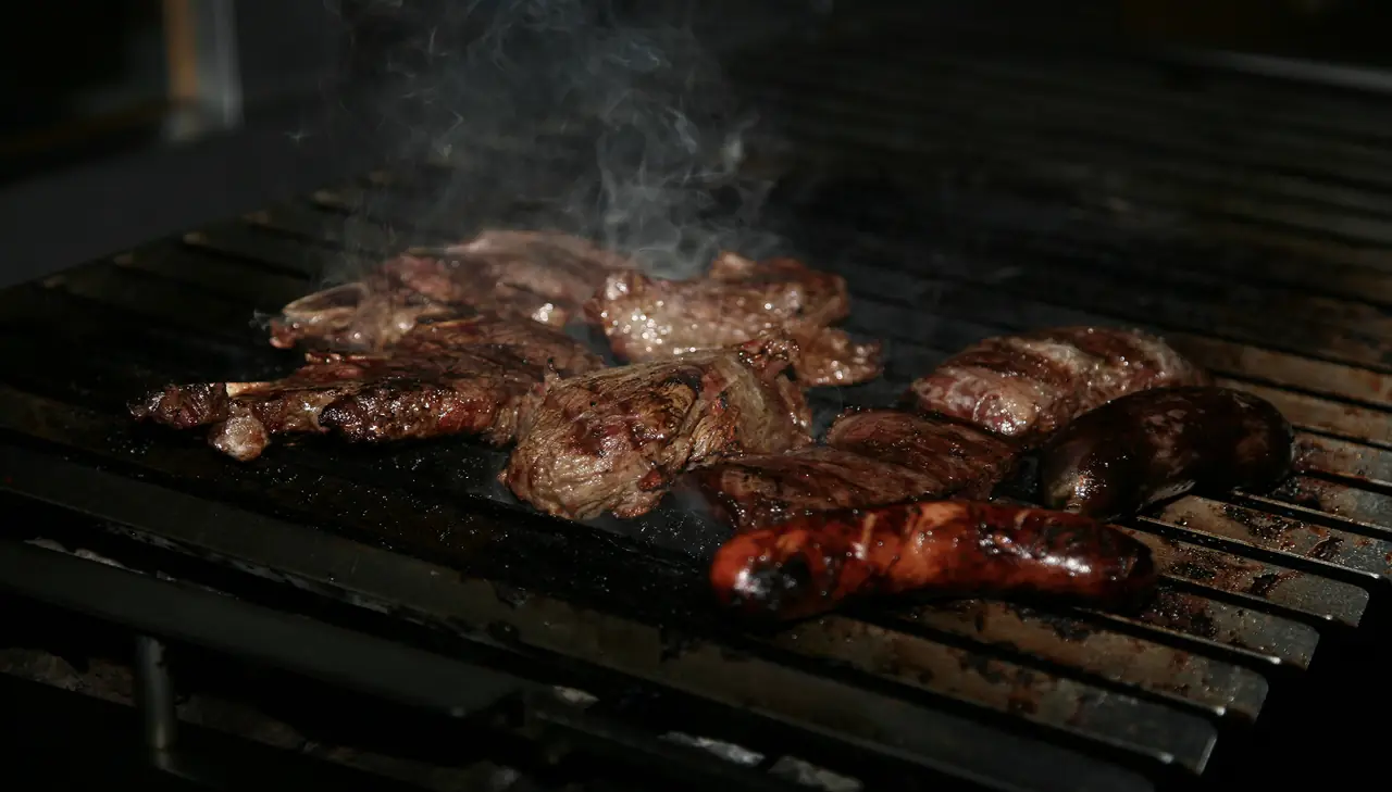 Grilled beef cuts and a chorizo sausage smoking on a charcoal parrilla grill, Restaurant Parrilla Alfonsina