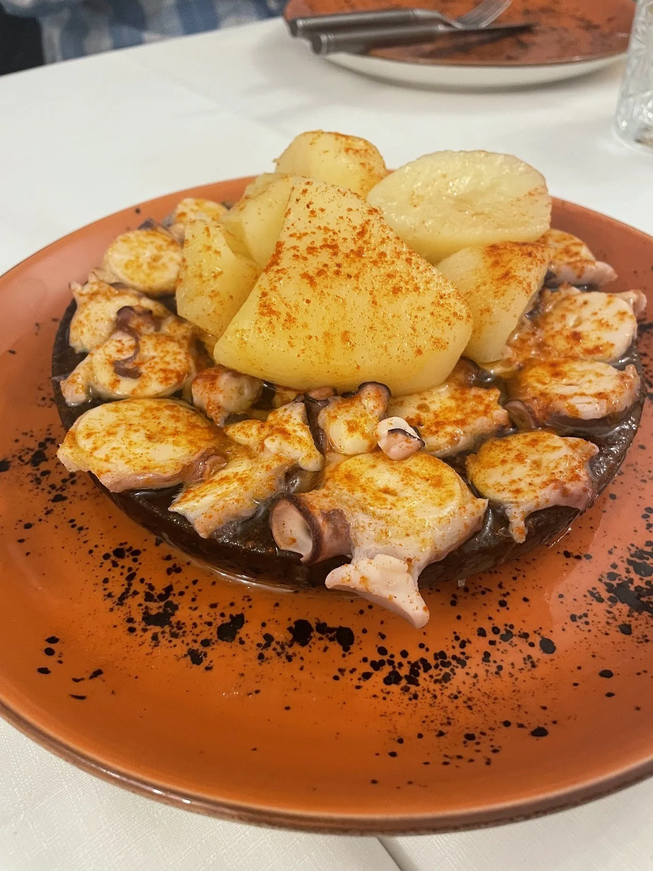 Octopus pieces with potatoes and paprika on a terracotta plate