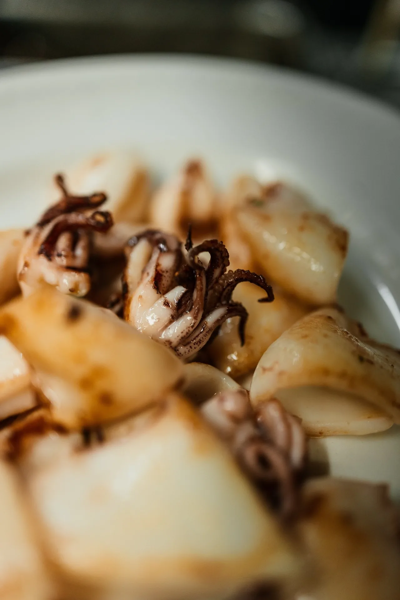 Pieces of cooked seafood with dark tentacle pieces on a white plate