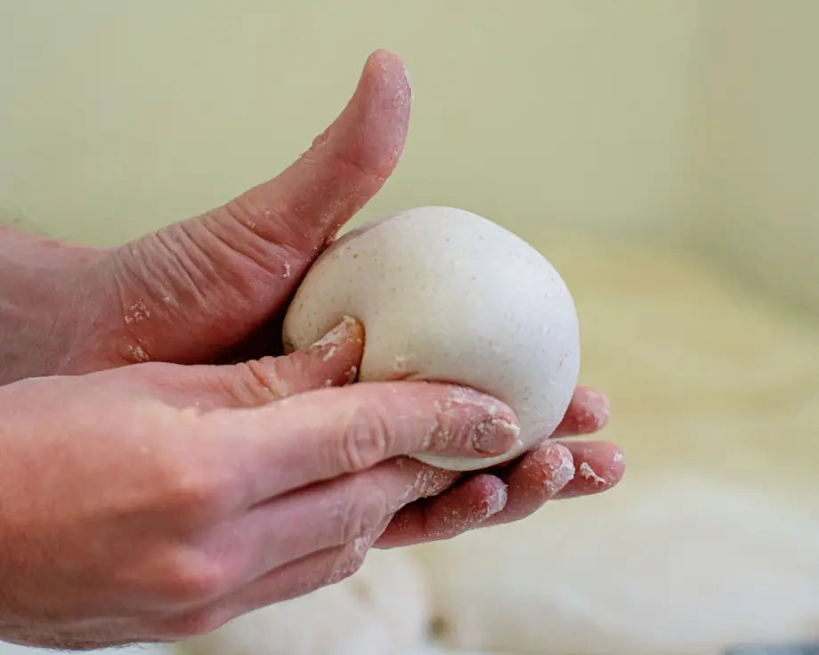 Floured hands cupping and shaping a smooth ball of pizza dough over a work surface