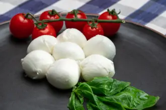 Fresh mozzarella balls with vine cherry tomatoes and basil leaves on a dark plate over a checked cloth