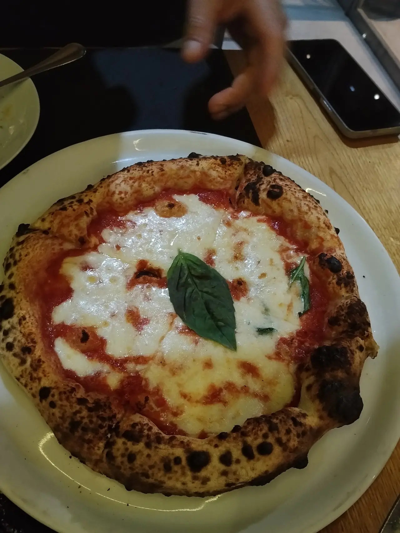 A Neapolitan margherita with a blistered crust, mozzarella and a basil leaf