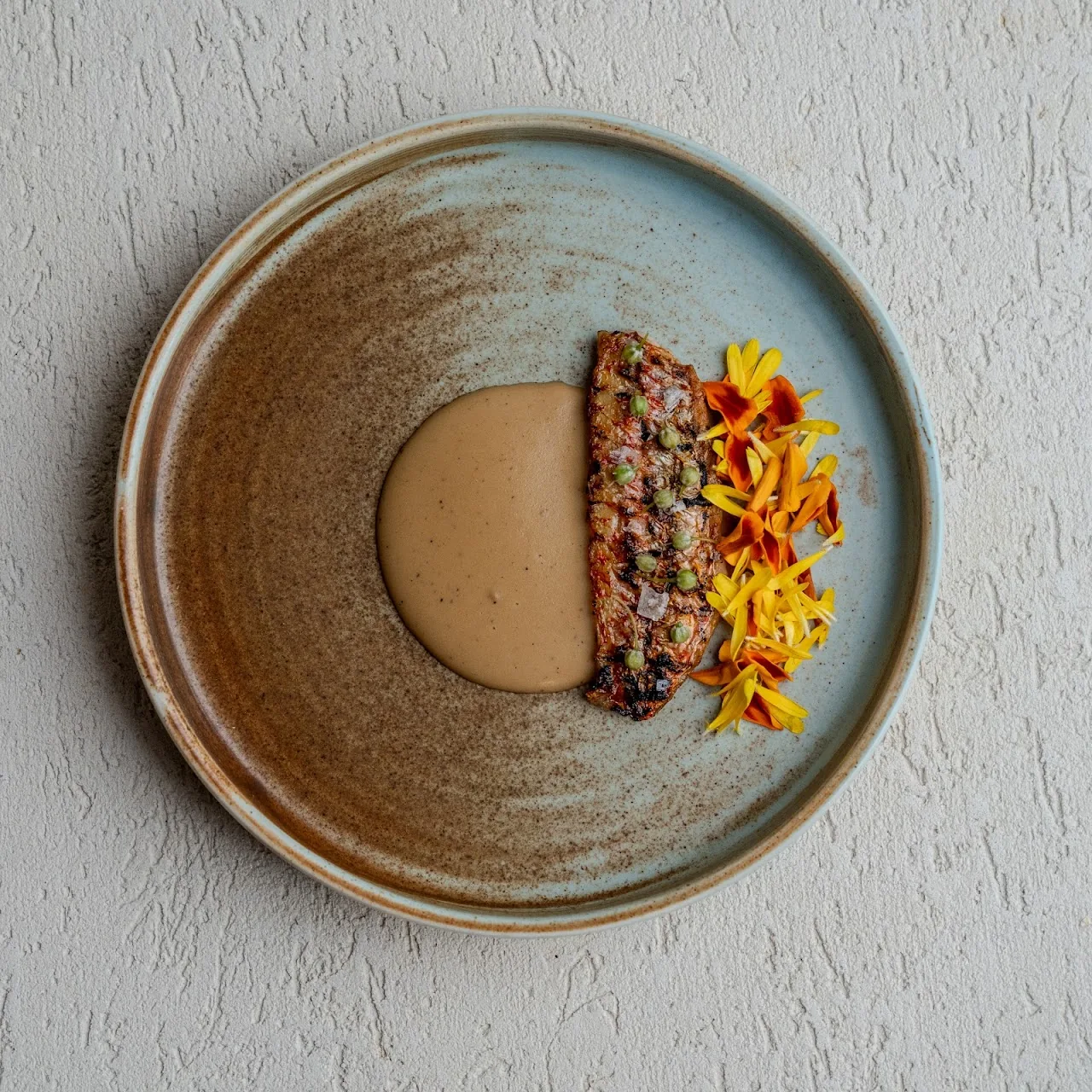 A plated dish with a dark triangular element and orange garnish