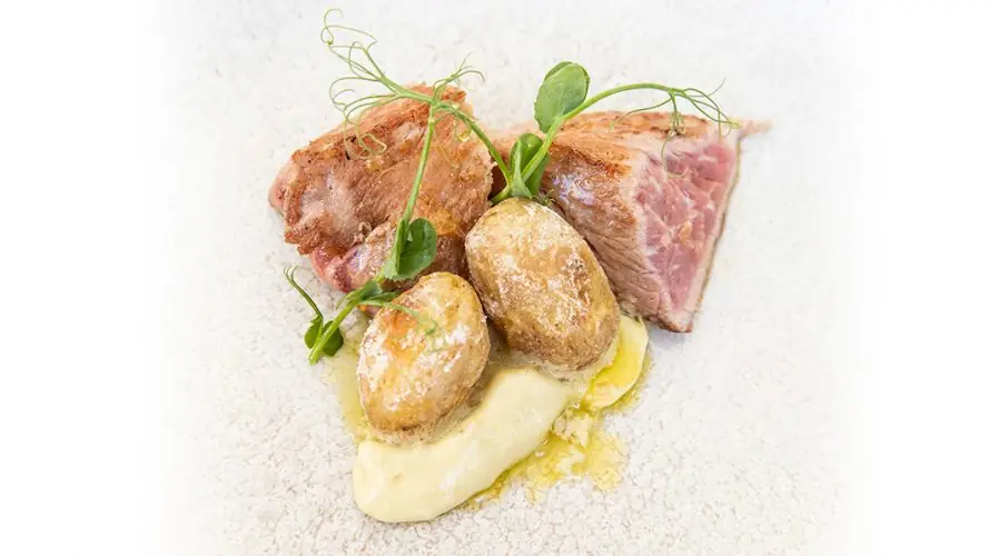 Seared meat slices with baby potatoes over cream sauce and pea shoots