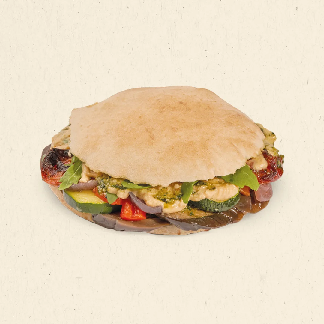 A stuffed flatbread sandwich shown on a plain background