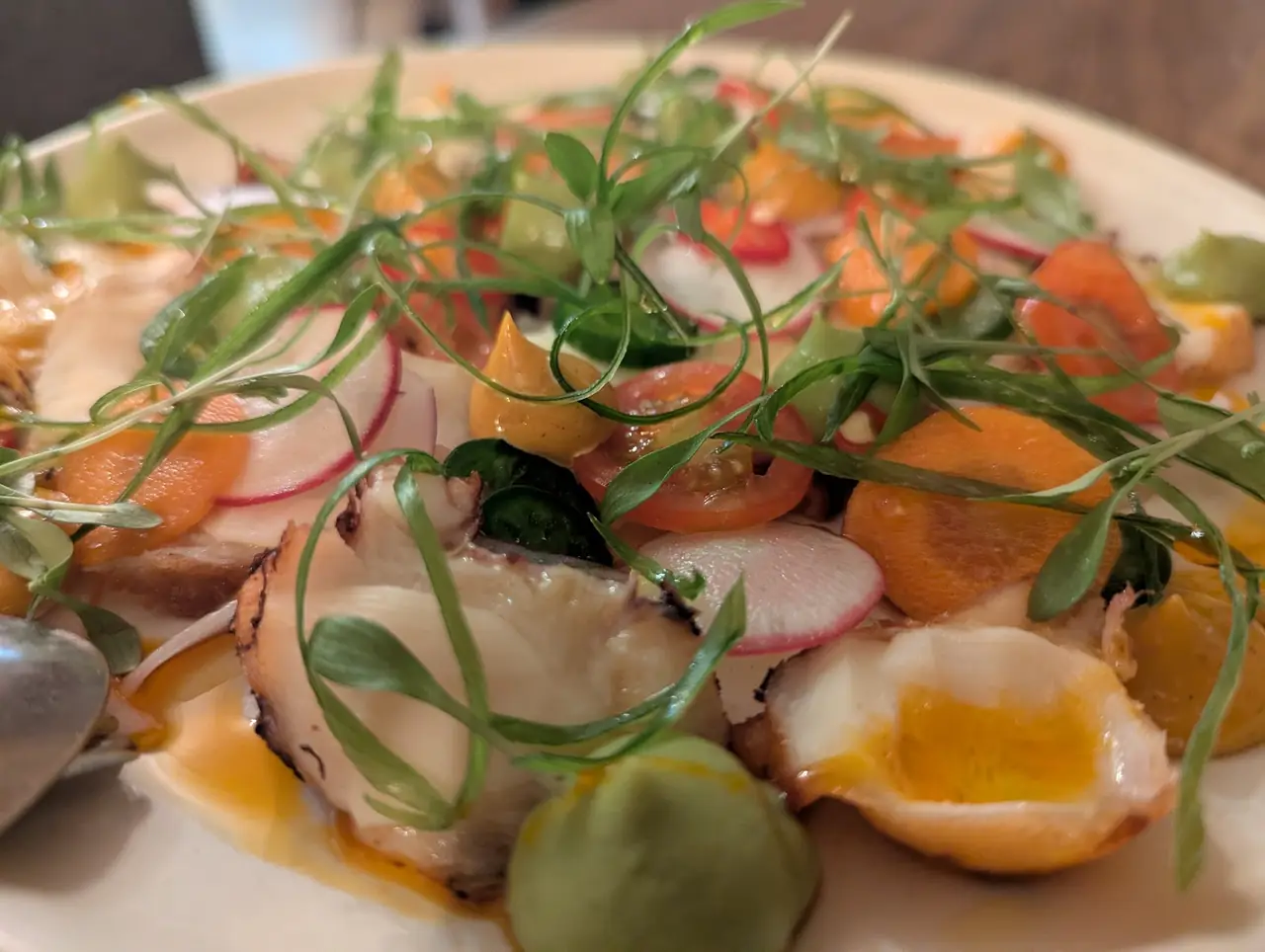 Charred octopus slices with radish, cherry tomato, carrot and micro herbs, with sauce dollops