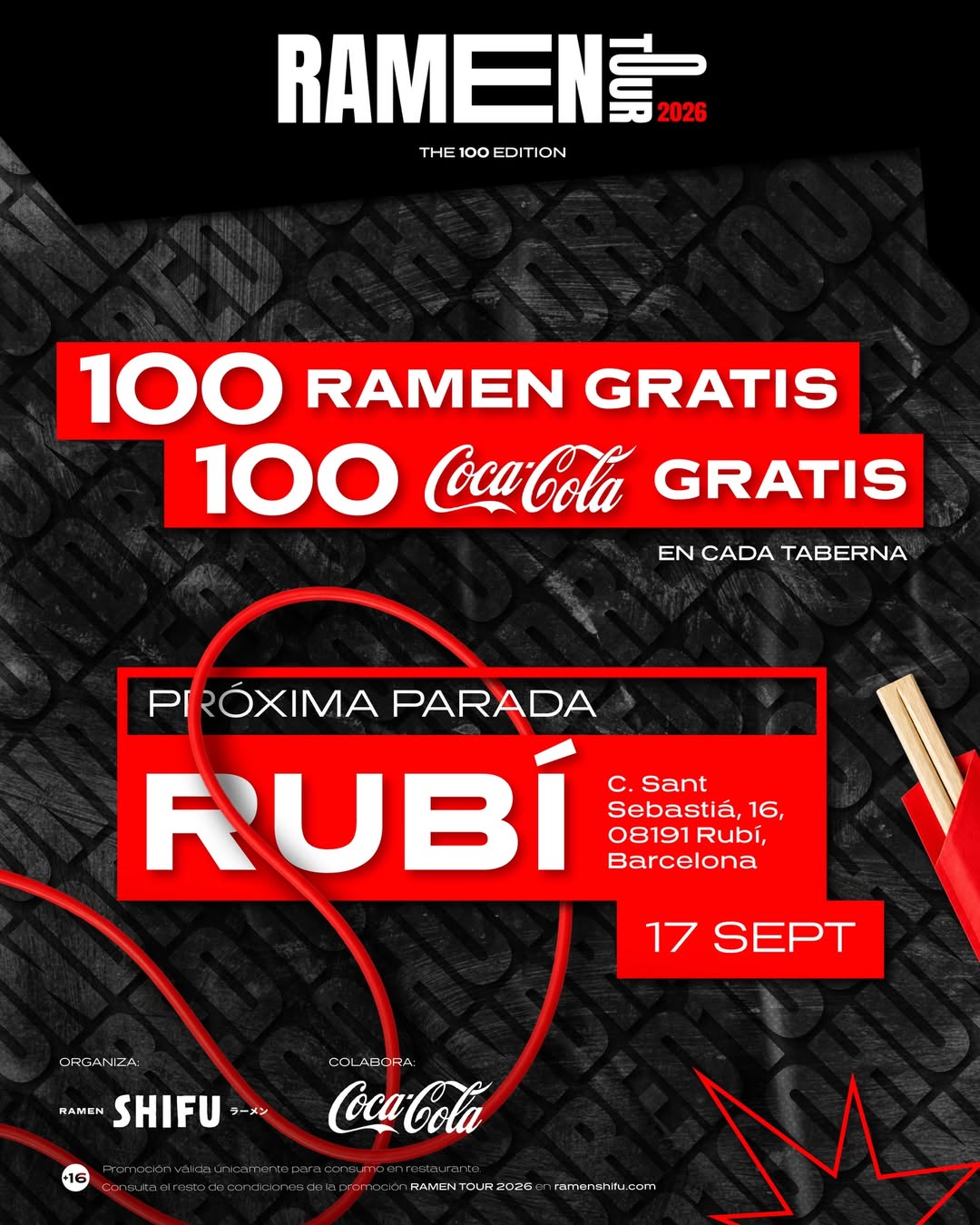 🔥Regalamos 100 ramen + 100 Coca-Colas en Rubí, Barcelona nuestra tercera parada del Ramen Tour 2026 🔥
📍 Te esperamos en
