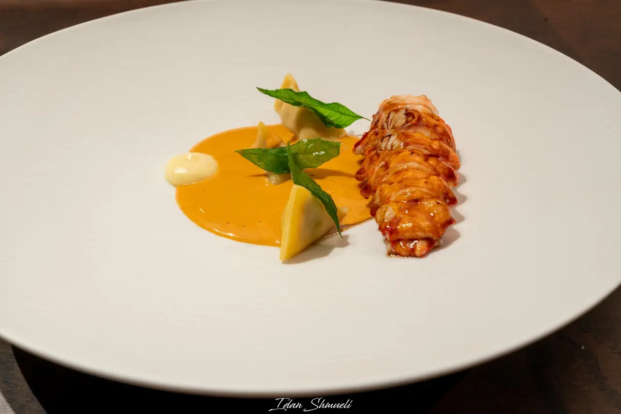 Roasted lobster tail plated with bisque sauce, ravioli and herb garnish on a white plate