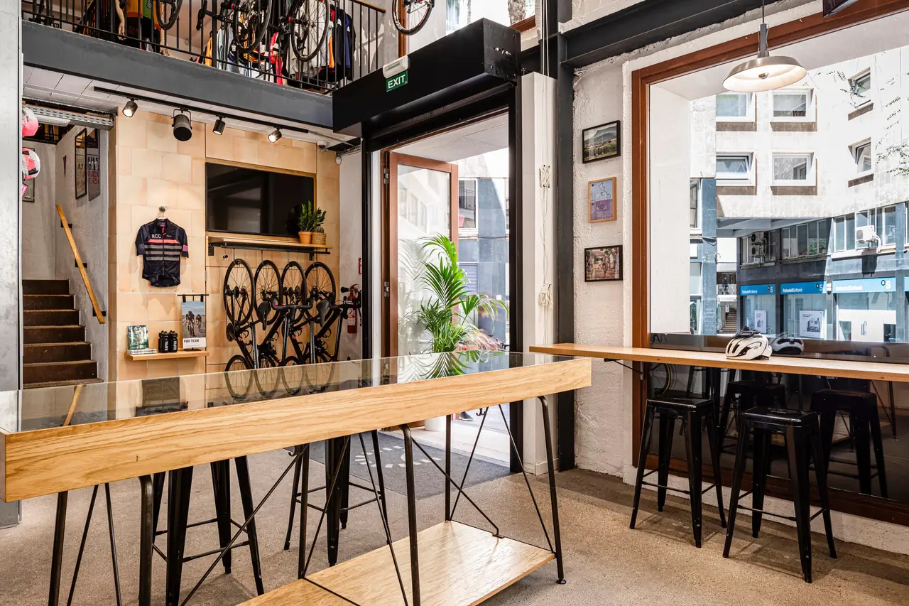 The café and bar of the Rapha Mallorca clubhouse in Palma's old town