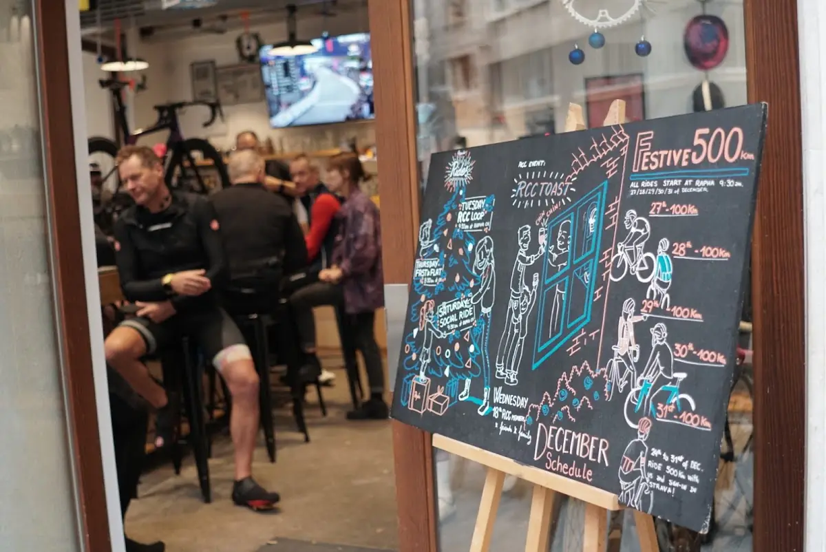 Cyclists gathered in the Rapha Mallorca clubhouse café
