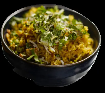 Bowl of biryani rice topped with fresh chopped herbs and shredded coconut, Rasoi (Rasoi BCN)