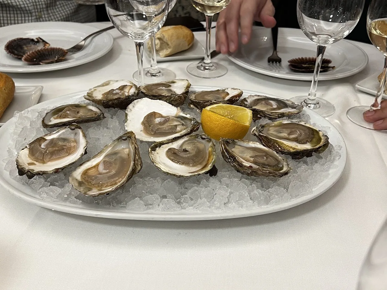 A plate of oysters on ice with lemon wedges