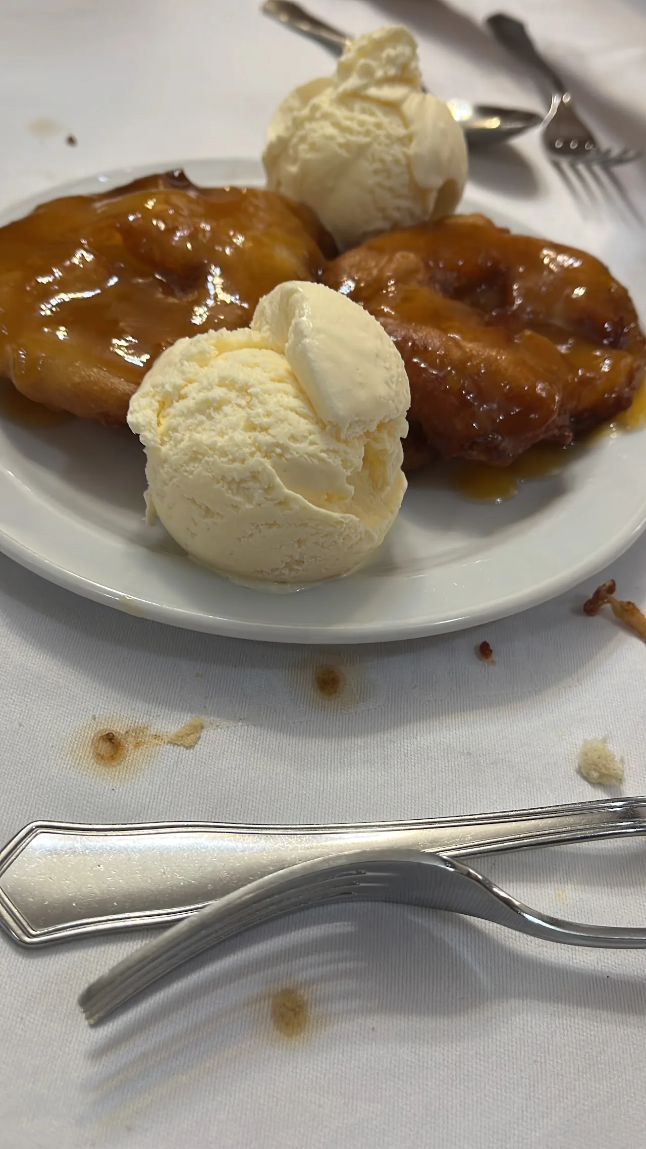 Two scoops of ice cream drizzled with caramel sauce