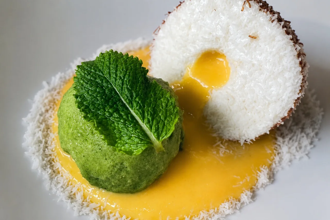 A green mound and a white coconut-topped mound on a plate with bright yellow sauce