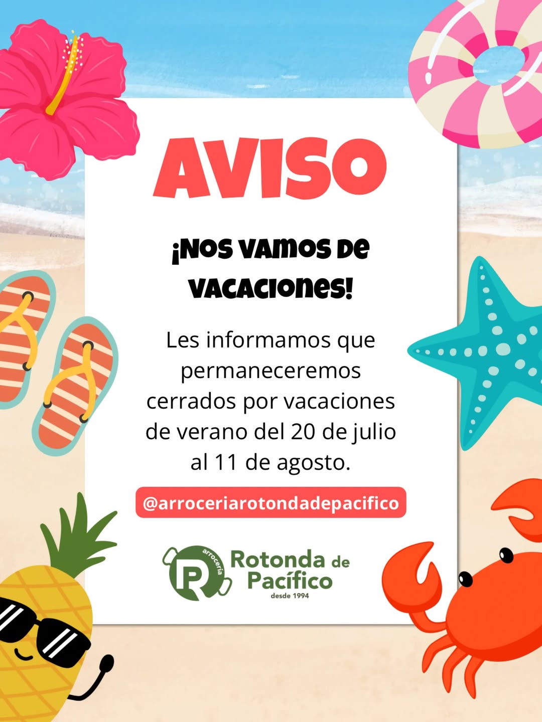 ¡Llegó el momento de hacer una pequeña pausa! 🏖️✨
Queridos clientes y amigos, del 20 de julio al 11 de agosto nuestro r