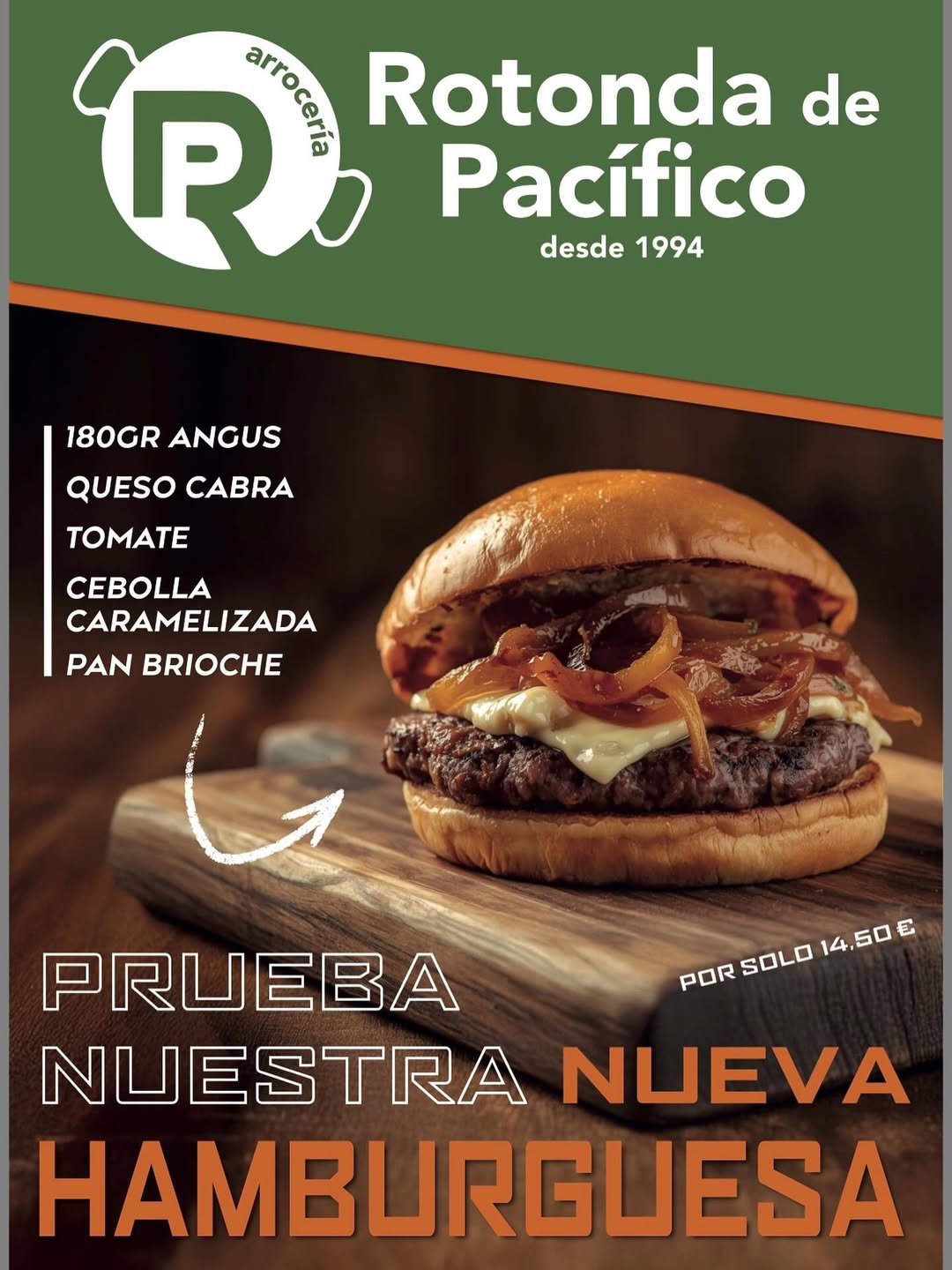 Ya puedes probar nuestra nueva hamburguesa!!! 180 gr de Carne 100% de Angus en pan brioche, queso de cabra y cebolla car