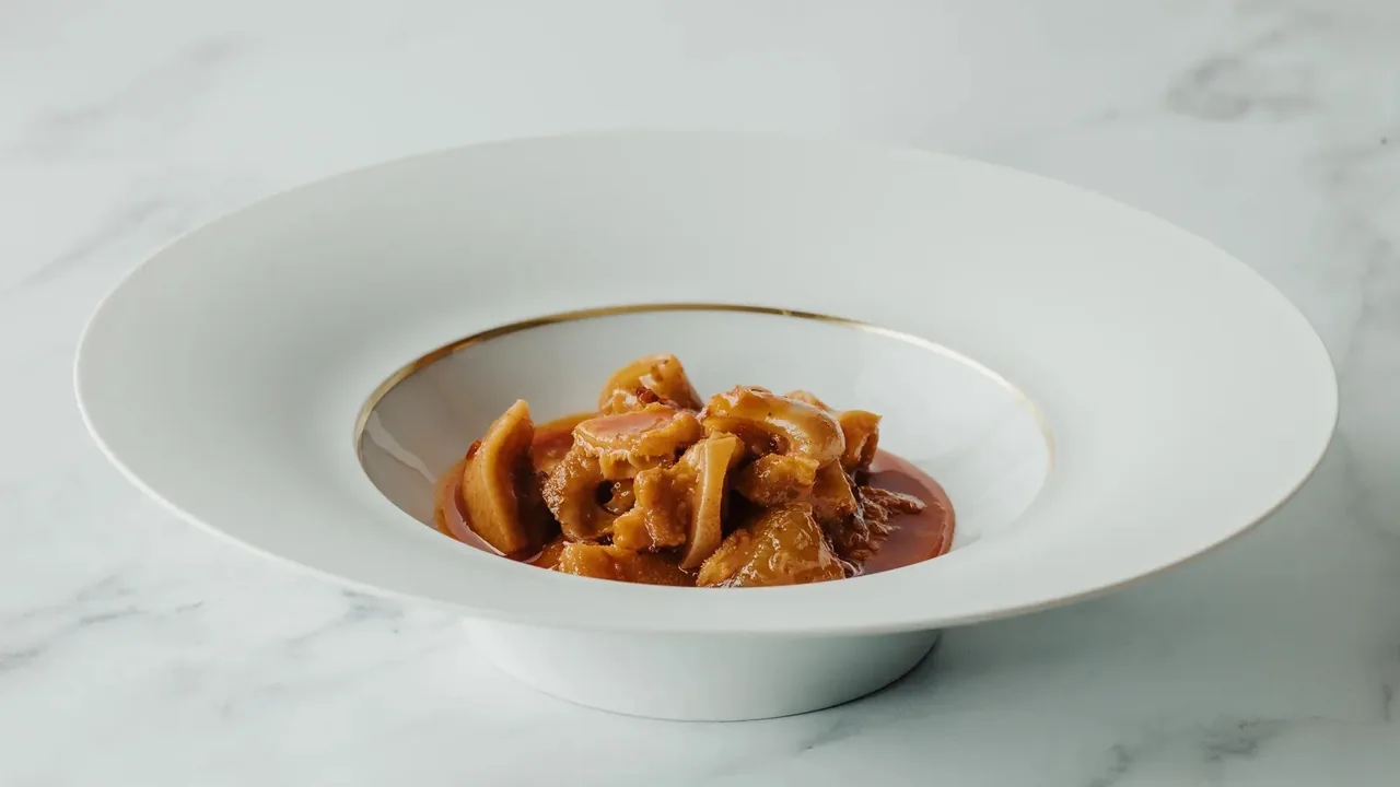 A white bowl of stewed food with a gold rim on a marble table