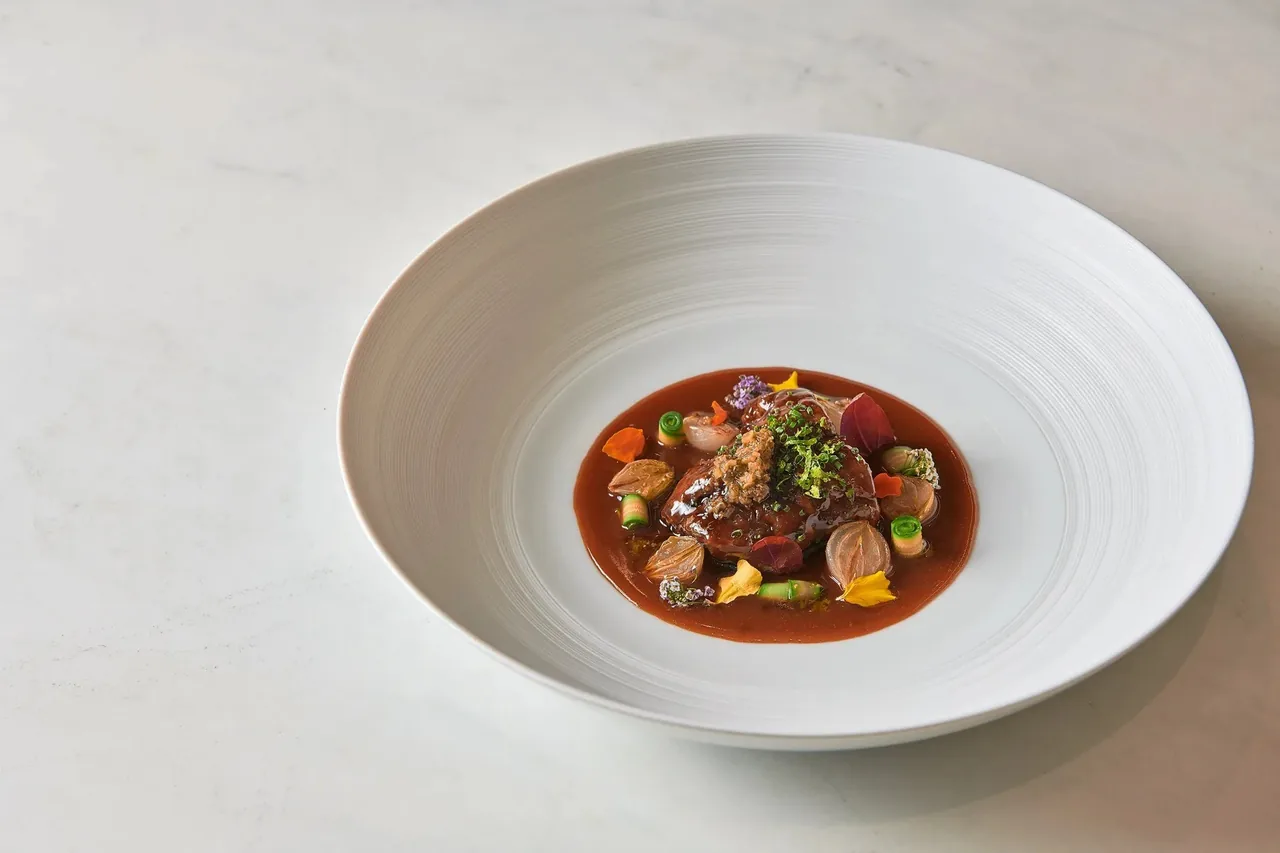 A white bowl with sliced meat in a dark sauce and green garnish on a marble surface