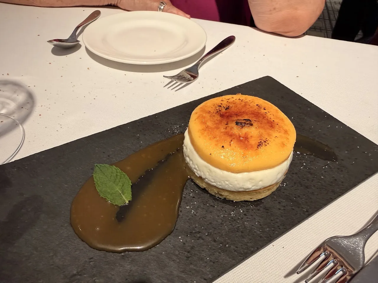 A crème brûlée style dessert with a caramelized top