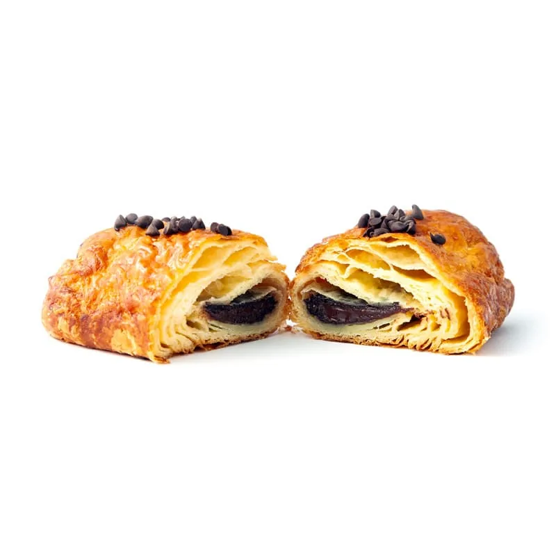 Two chocolate-filled pain au chocolat pastries split open