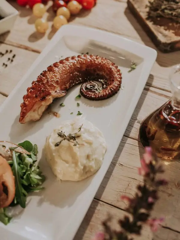 Grilled octopus tentacle with a scoop of mashed potato, arugula, and cherry tomatoes on a white rectangular plate at Santa Clara