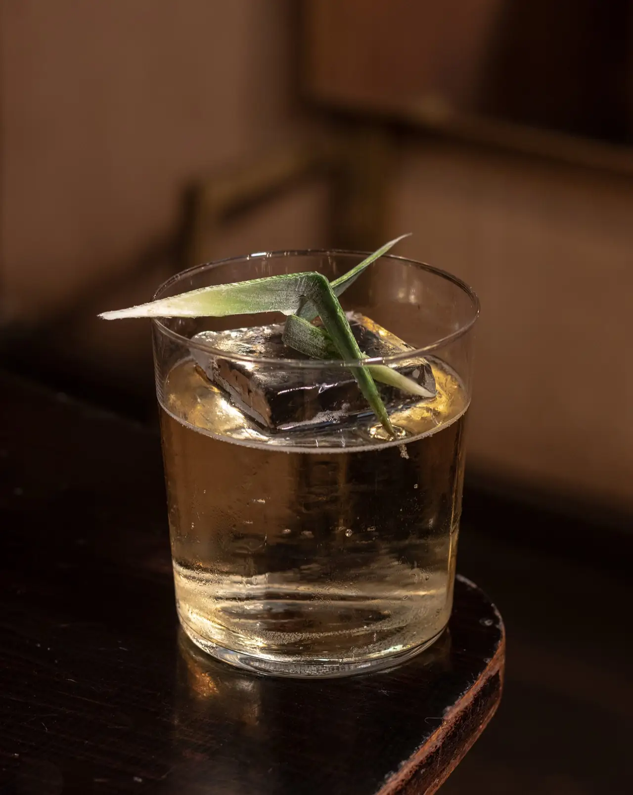 Clear amber cocktail over ice with a green garnish in a rocks glass on a dark wooden table