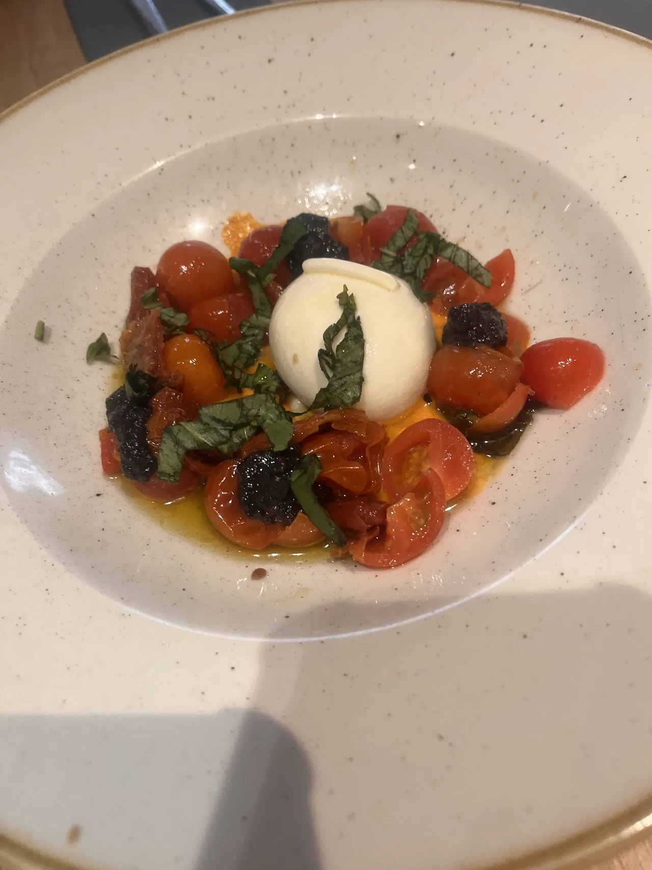 Sliced burrata with cherry tomatoes and basil