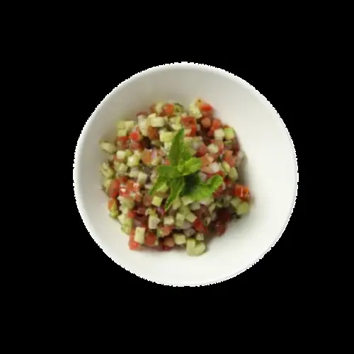 Small white bowl of finely diced tomato and cucumber salad garnished with mint at Restaurante Shiraz