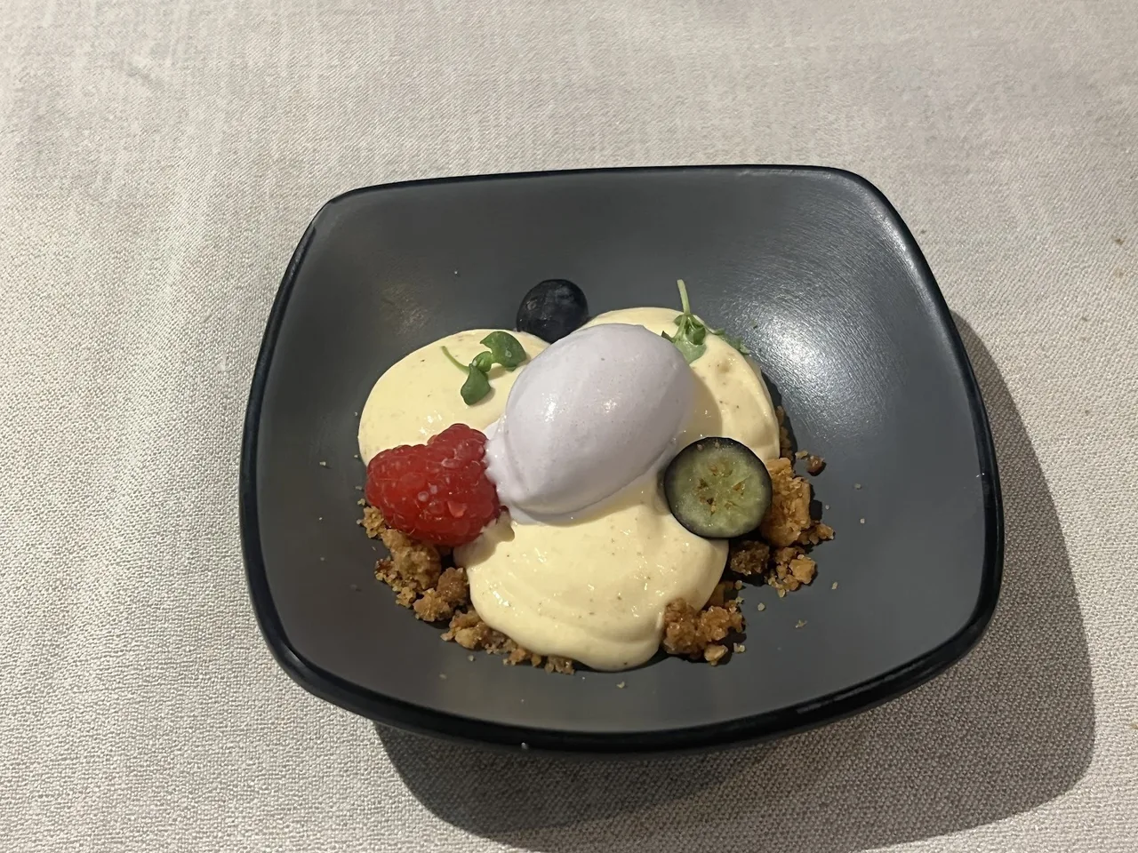 A dark square bowl with a white cream, a red piece and garnish