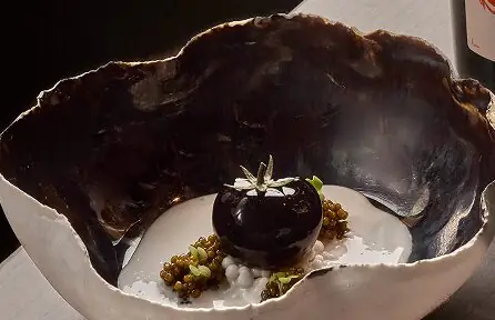 Dark glazed sphere garnished with herb sprig and green accents on white sauce in a ceramic dish