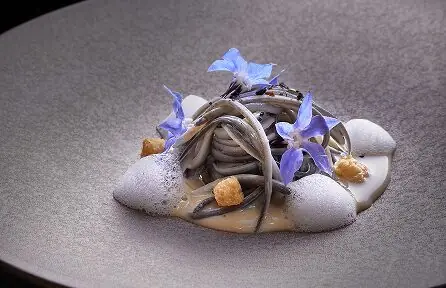 Dark noodle-like strands with blue flowers, foam and crumbs on a dark plate