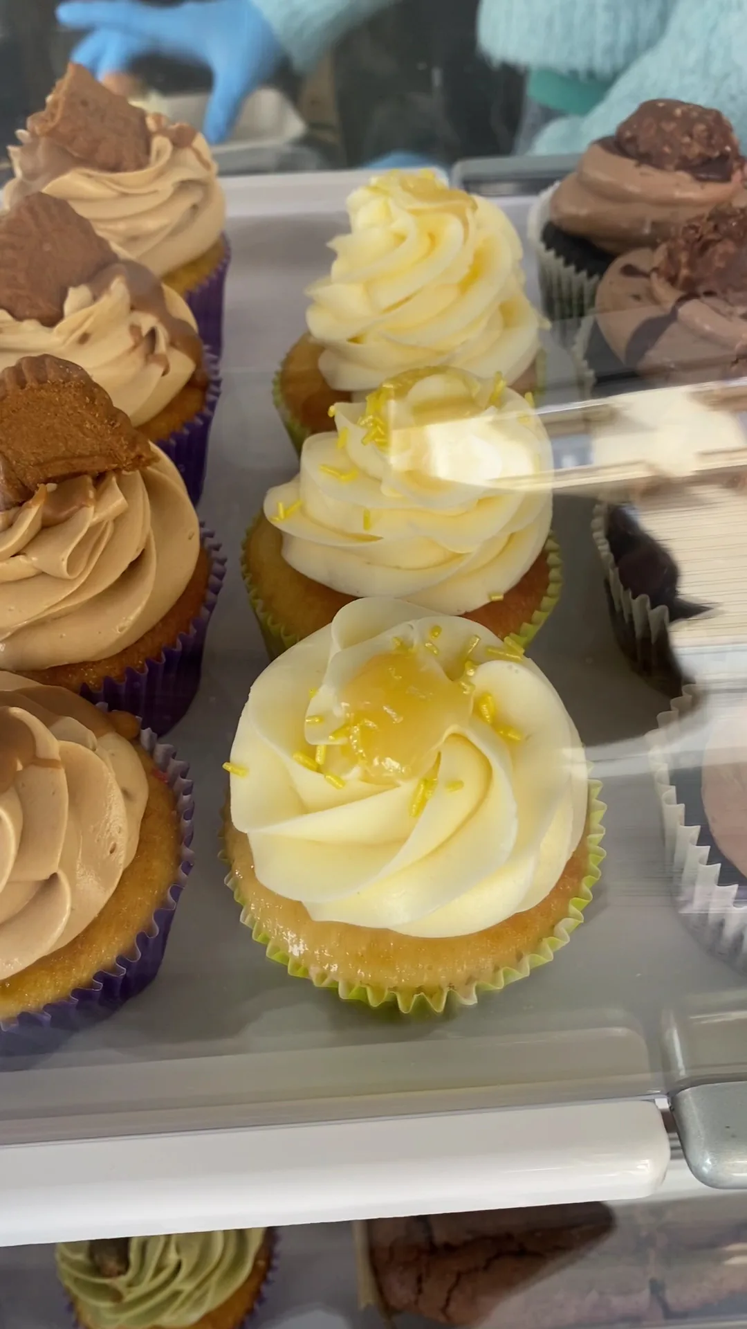 A display case of frosted cupcakes with chocolate and vanilla toppings