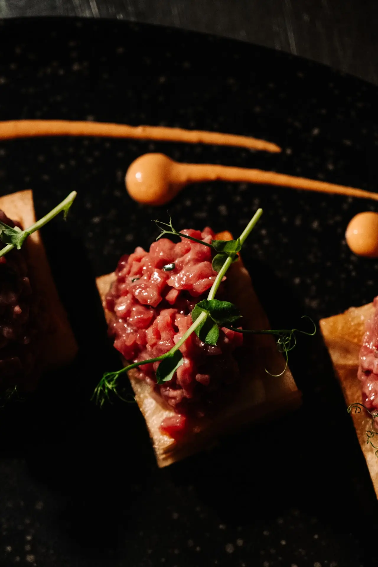 Beef tartare on toasted bread with herb garnish on a dark plate