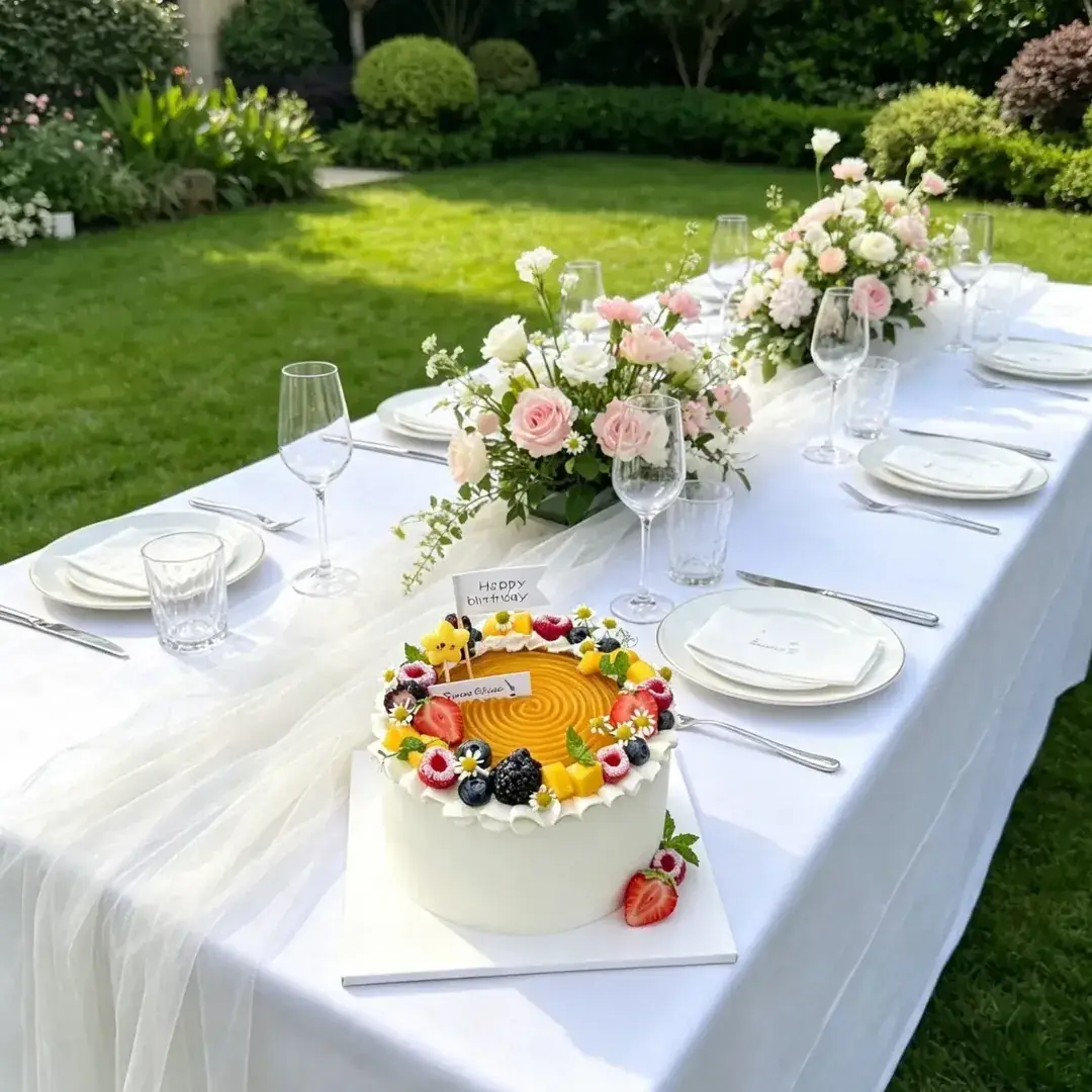 A round fruit-topped birthday cake on an outdoor table set for a garden celebration.