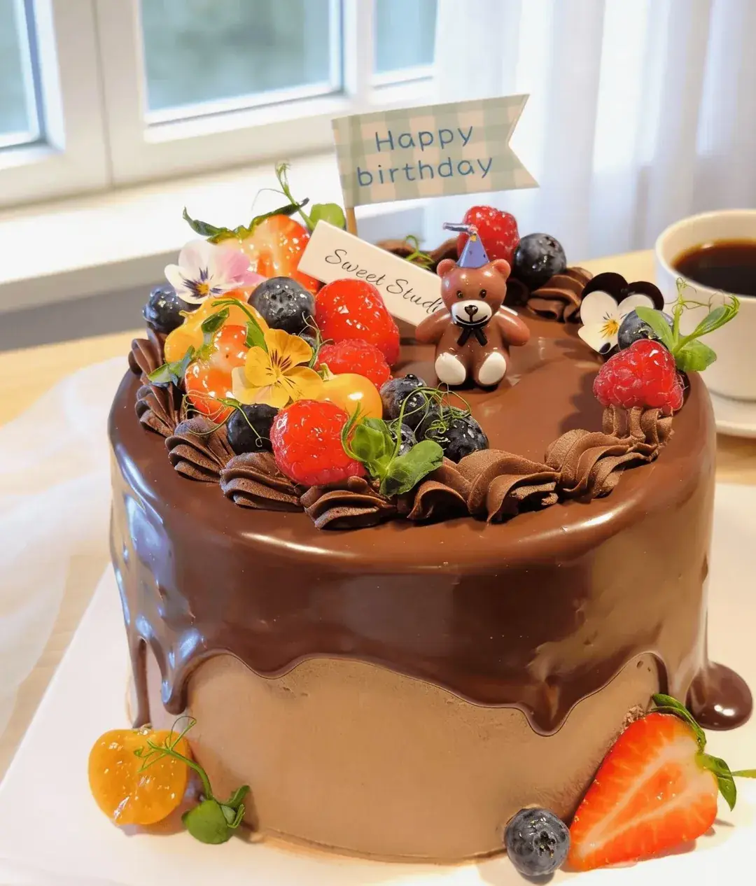 A chocolate drip cake topped with berries, edible flowers, and a small bear figurine, with coffee alongside.